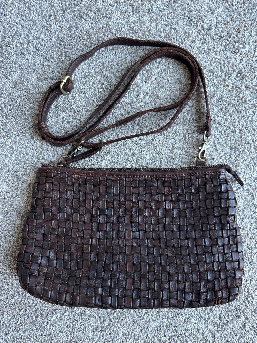 Woven Leather Crossbody Bag - Dark Brown